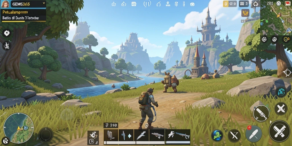 Screenshot gameplay GEMS365 yang menampilkan eksplorasi dunia terbuka yang luas.