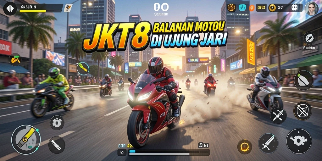 Screenshot utama JKT8 menampilkan aksi balapan motor yang mendebarkan.