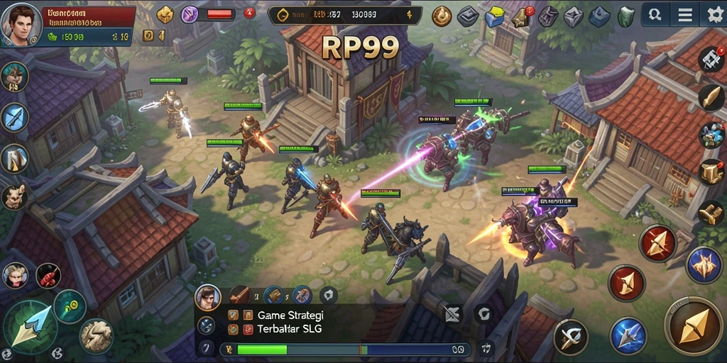 Screenshot utama RP99 menampilkan aksi gameplay SLG yang dinamis dan strategi yang mendebarkan.