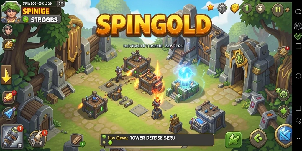 Screenshot gameplay SPINGOLD yang menunjukkan strategi menara Tower Defense.